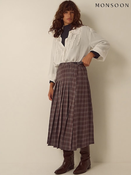 Brown - Monsoon Gracie Check Print Midi Skirt