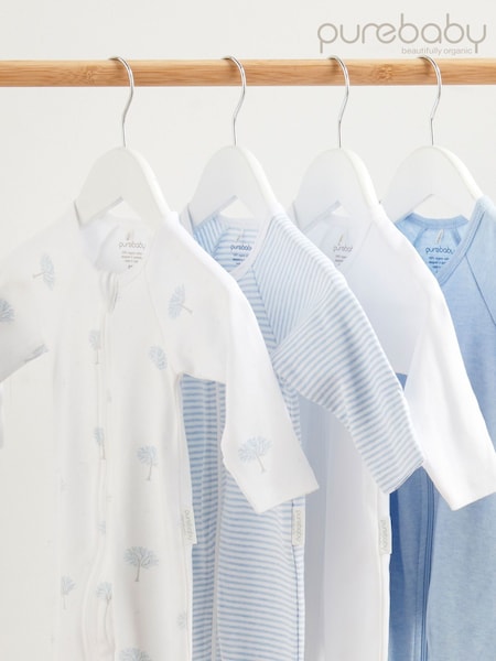 Purebaby Blue Zip 100% Cotton Sleepsuits 4 Pack (209463) | £54