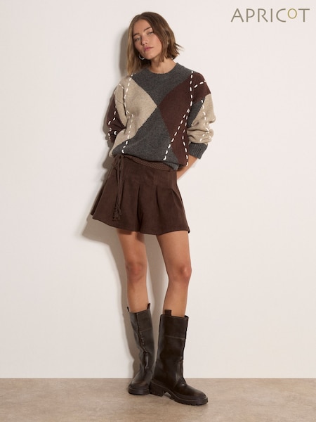 Brown - Apricot Suede Pleated Mini Skirt