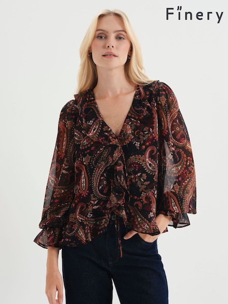 Black - Finery Jannelle Chiffon Ruffle Front Tie Blouse