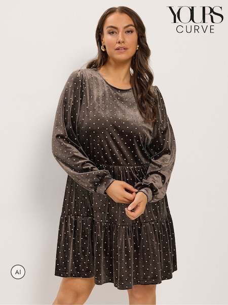 Brown - Yours Curve Polka Dot Balloon Sleeve Dress