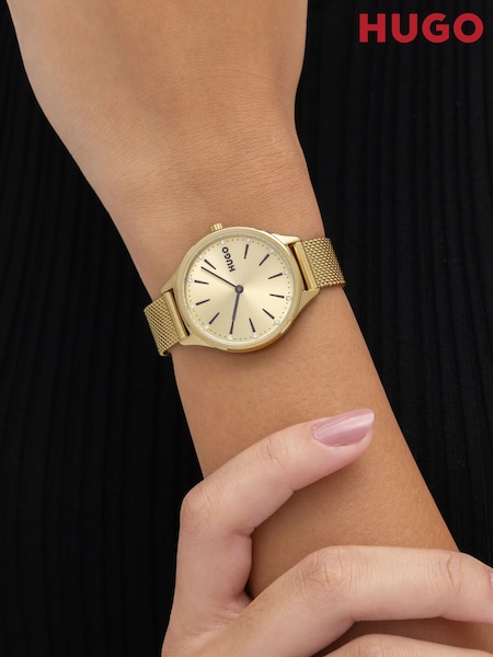Gold - Hugo Glossy Light Yellow Pvd Mesh Bracelet Watch
