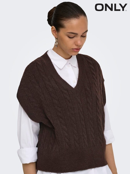 Brown - Only Drop Shoulder Cable Knit Vest