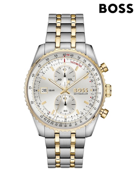 Silver - Regular Boss Skytraveller Pro Two Tone Stainless Steel And Gold Ip Watch