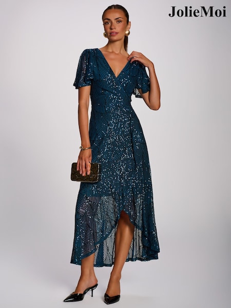 Blue - Jolie Moi Sequin Angel Sleeve Flare Hem Maxi Dress