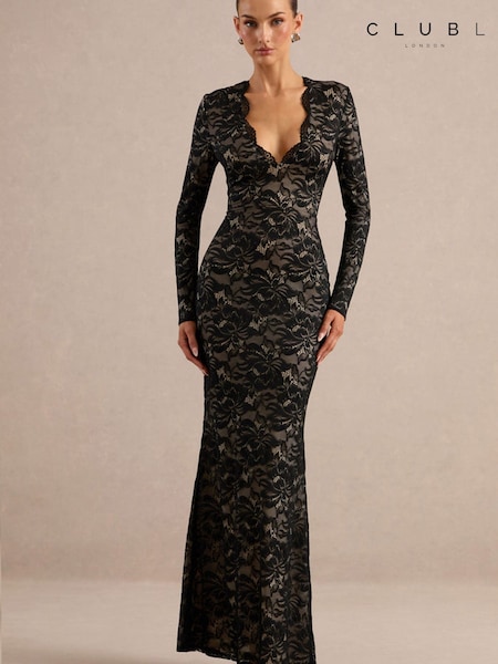 Black - Club L London Avorine Lace Plunge Neck Maxi Dress