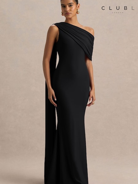 Black - Club L London Zendaya Asymmetric Neck Fishtail Maxi Dress With Sash