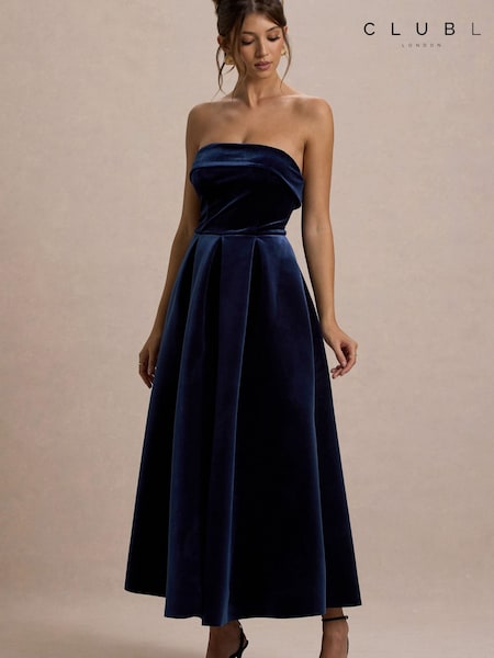 Blue - Club L London Addina | Velvet Bandeau Skater Midi Dress