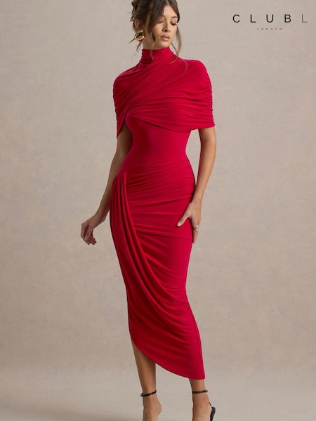 Red - Club L London Enchant Asymmetric Twisted Cape Midi Dress