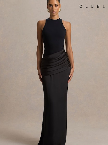 Black - Club L London Akari Crew Neck Maxi Dress With Satin Skirt
