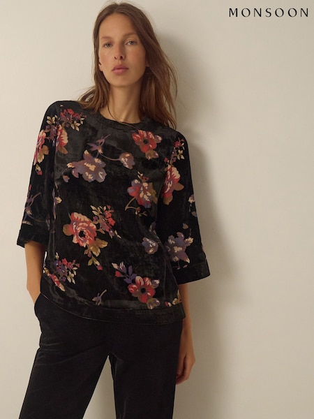 Black - Monsoon Abril Floral Devoré Velvet Top