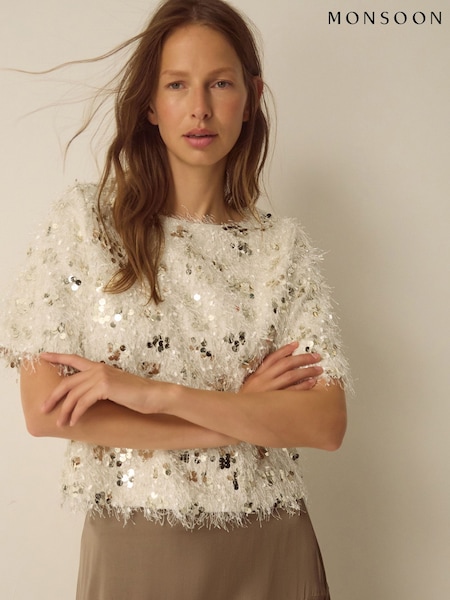 Cream - Monsoon Saskia Short Sleeve Sequin Fringe Top