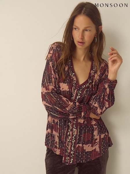Red - Monsoon Poppy V-neck Embellished Patchwork Blouse