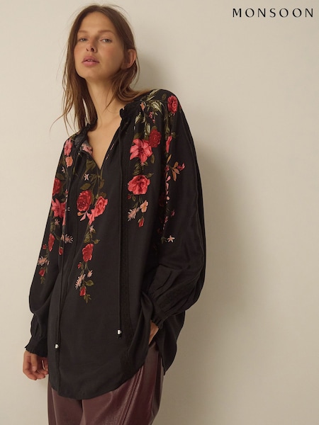 Black - Monsoon Camille V-neck Floral Print Blouse
