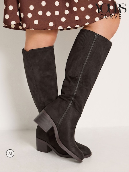 Brown - Yours Curve Side Detail Block Heel Boots In Wide E Fit