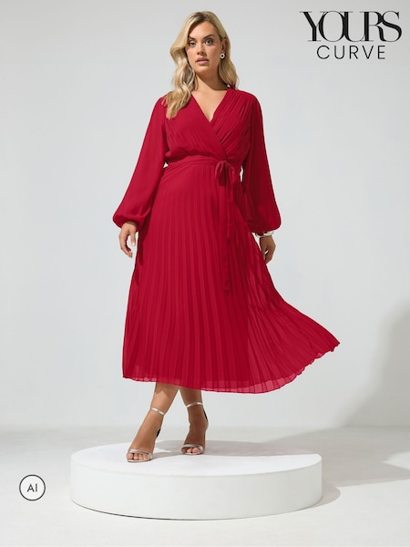Red - Yours Curve Pleated Long Sleeve Wrap Dress