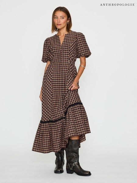 Red - Anthropologie Puff-sleeve Check Midi Dress