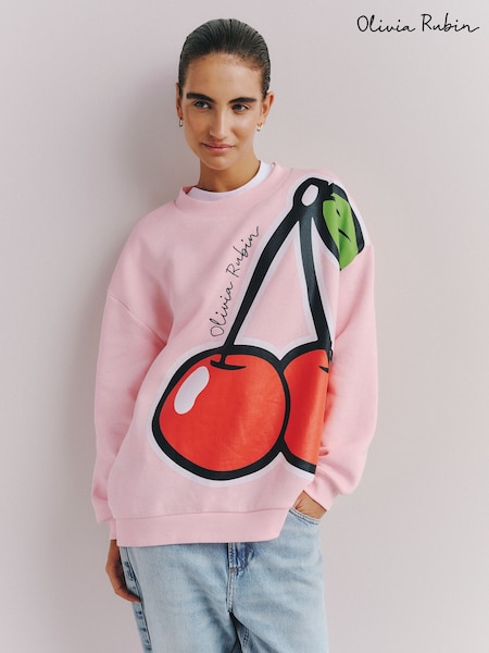 Pink - Olivia Rubin Oversized Cherry Graphic Crew Neck Sweat Top