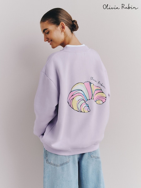 Lilac Purple - Olivia Rubin Oversized Multi Croissant Graphic Crew Neck Sweat Top