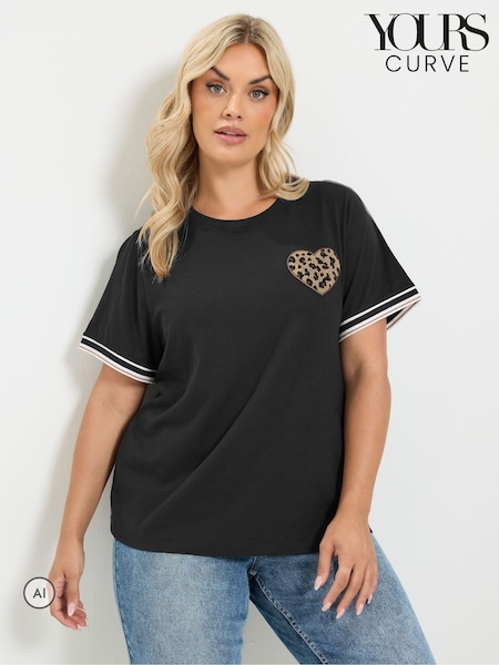 Black - Yours Curve Varsity Bouclé Leopard Heart T-shirt