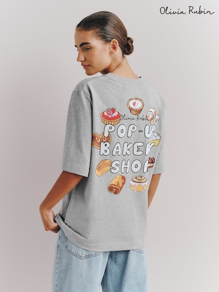 Grey - Olivia Rubin Grey Oversized Pastry Graphic T-shirt