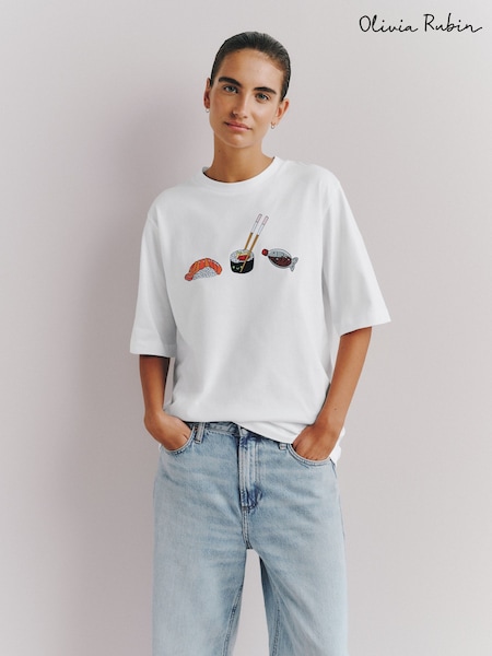 White - Olivia Rubin Oversized Sushi Graphic White T-shirt