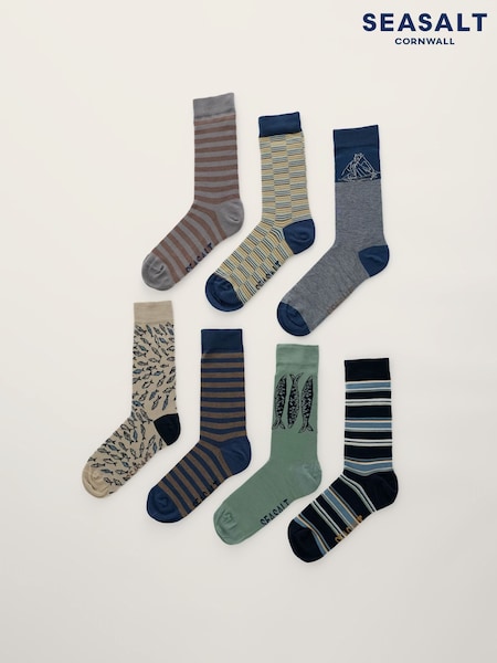 Blue - Regular Seasalt Cornwall Gift Box Of 7 Sailor Socks Creatures