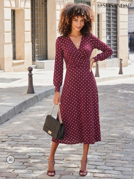 Red - Sosandar Polka Dot Print Twist Front Dress