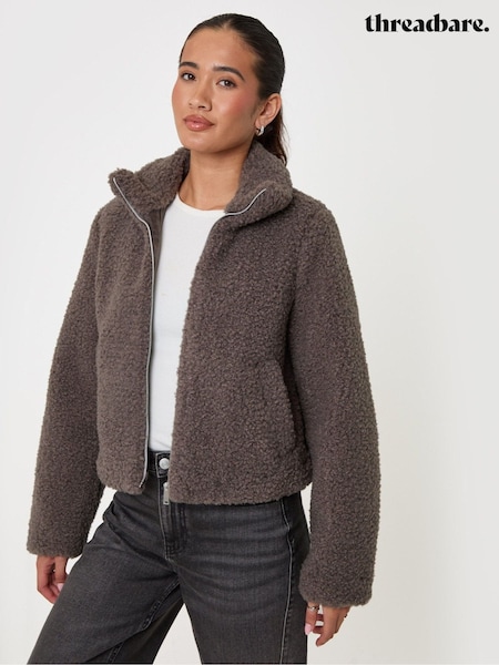 Dark Brown - Threadbare Funnel Neck Borg Bomber Jacket
