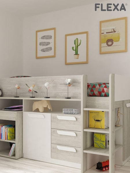 Flexa Kids Grey Avenue Kids Girona Mid Sleeper With Desk, Chest, Cupboard And Shelving (222804) | £775