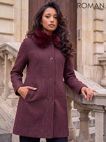Red - Roman Petite Fur Collar Coat