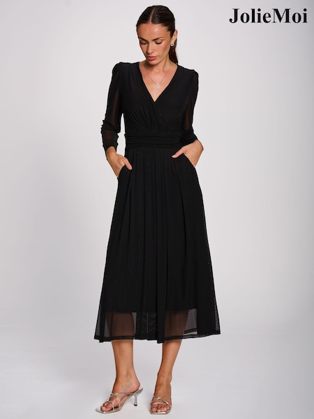 Black - Jolie Moi Mesh Long Sleeve Pleated Maxi Dress