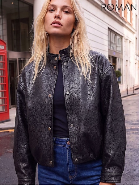 Black - Roman Funnel Neck Pu Jacket