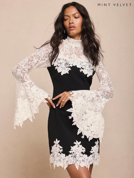 Black - Mint Velvet Contrast Lace Mini Dress