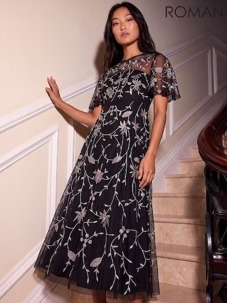 Black - Roman Petite Embroidered Mesh Midi Dress