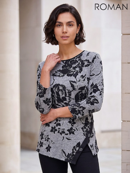 Grey - Roman Floral Print Snit Scarf Tunic Top