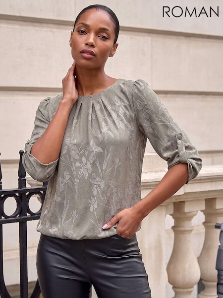 Green - Roman Jacquard Bubble Hem Top