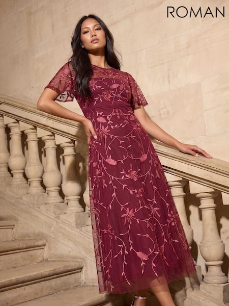 Red - Roman Petite Embroidered Mesh Midi Dress