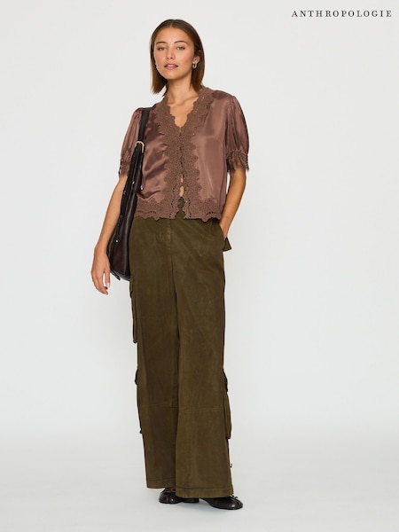Brown - Anthropologie Stella Satin Lace-trim Blouse