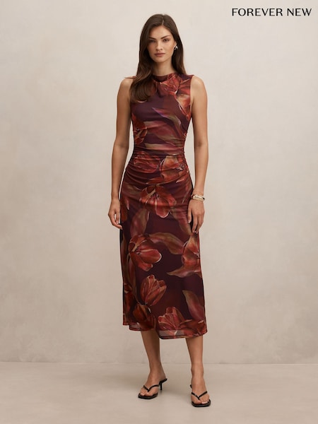 Brown - Forever New Allegra Mesh Midi Dress