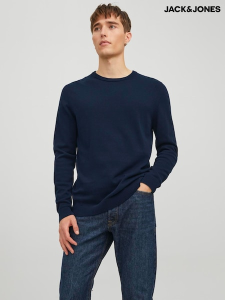 Blue - Regular Jack & Jones Crew Neck Knitted Jumper
