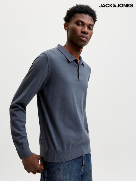 Slate Blue - Regular Jack & Jones Long Sleeve Knitted Polo Shirt