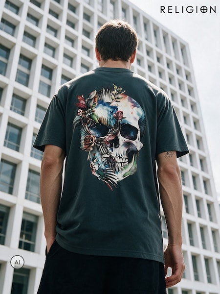 Grey - Regular Religion Bird Wings Skull Cotton T-shirt