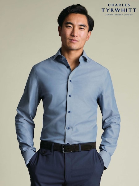 Blue - Regular Charles Tyrwhitt Steel Non-iron Stretch Floral Printed Trim Slim Fit Shirt