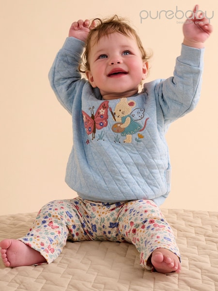 Blue - Purebaby Quilted Windcheater & Floral Leggings Set