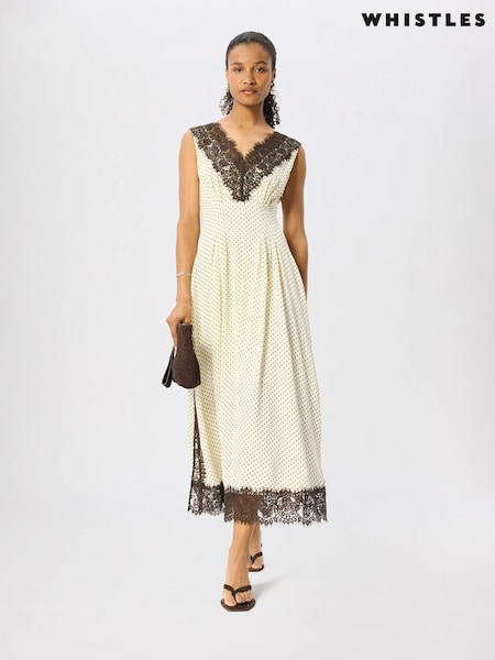 Yellow - Whistles Lace V-neck Spot Midi Dress