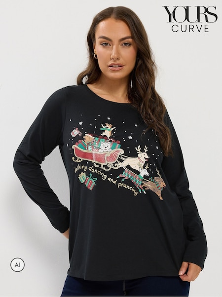 Black - Yours Curve 'dashing Dancing And Prancing' Novelty Christmas T-shirt