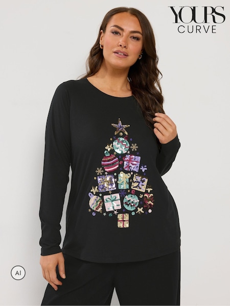 Black - Yours Curve Sequin Christmas Tree Novelty T-shirt