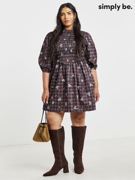 Brown - Simply Be Shirred Check Mini Dress