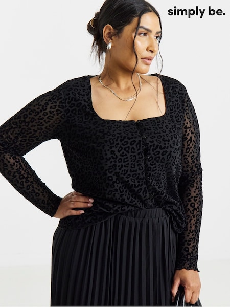 Black - Simply Be Leopard Flock Mesh Square Neck Top